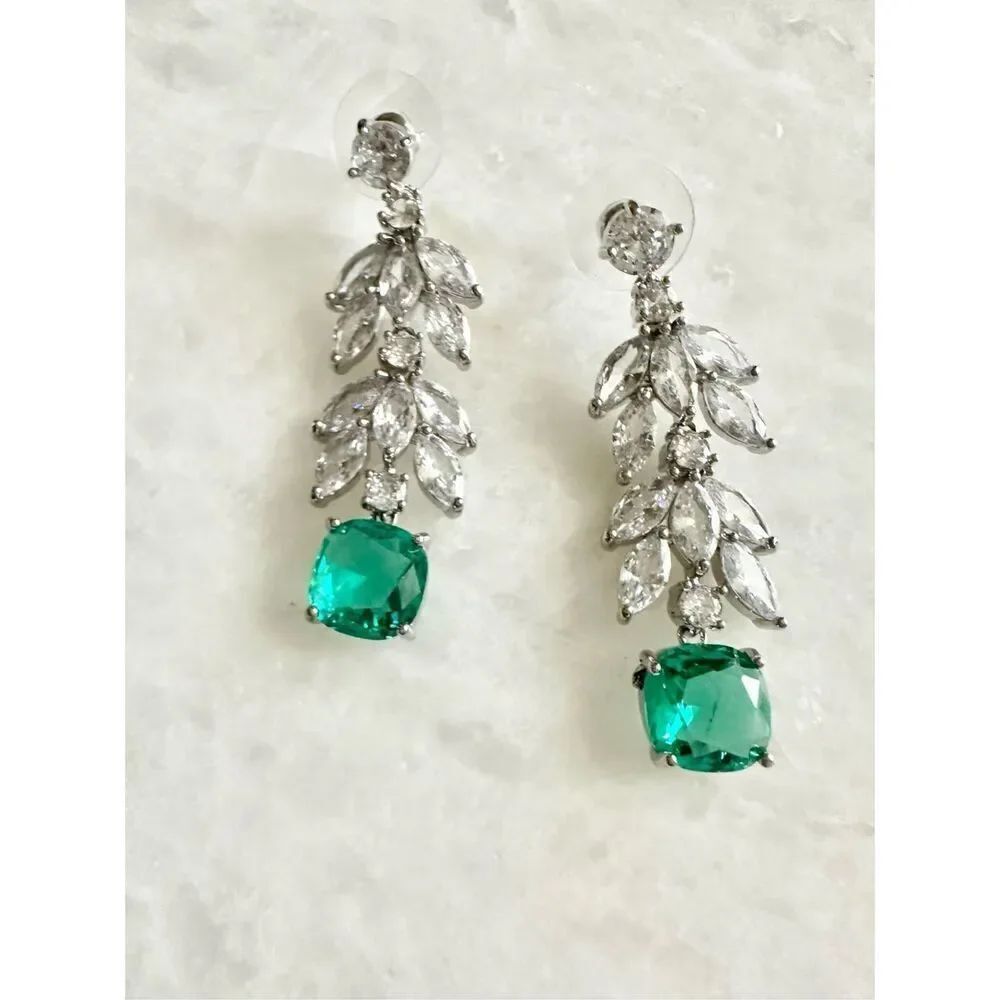 Cubic zirconia and aqua blue cushion cut dangle earrings 